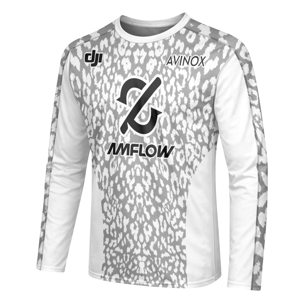 AMFLOW AVINOX White Gray Leopard Long Sleeve Mountain Bike Jersey – Left Side View Mockup