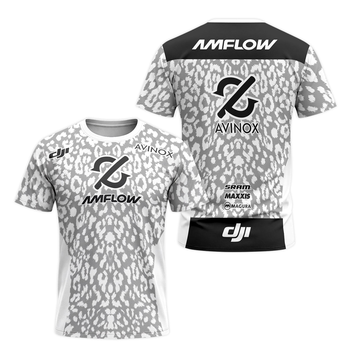 AMFLOW AVINOX White Gray Leopard Short Sleeve Mountain Bike Jersey – Front and Back View