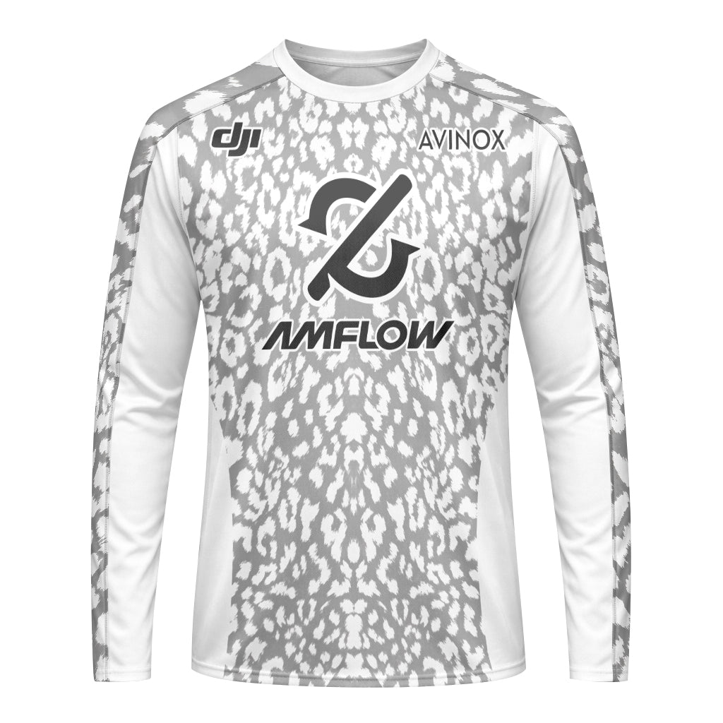 AMFLOW AVINOX White Gray Leopard Youth Long Sleeve Mountain Bike Jersey – Front View Mockup