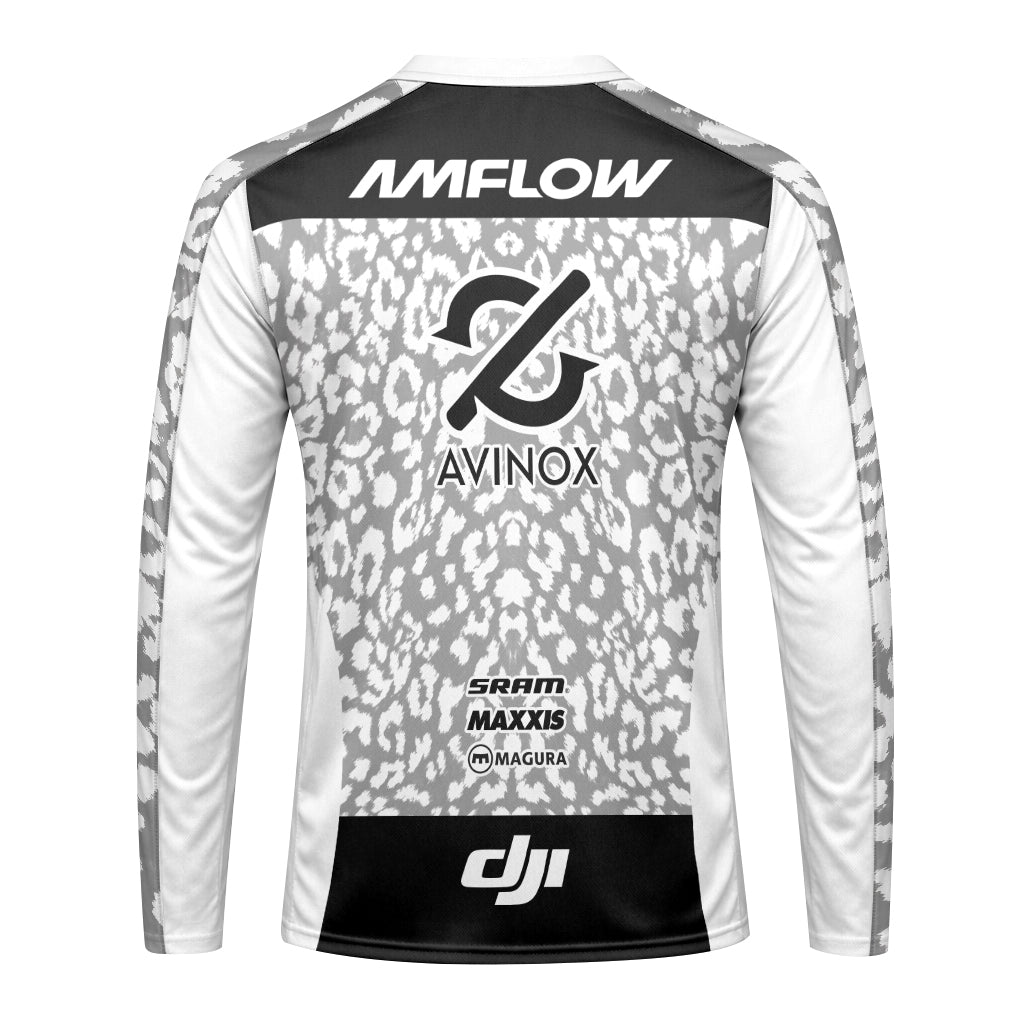 AMFLOW AVINOX White Gray Leopard Youth Long Sleeve Mountain Bike Jersey – Back View Mockup