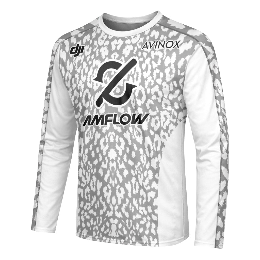 AMFLOW AVINOX White Gray Leopard Youth Long Sleeve Mountain Bike Jersey – Left Side View Mockup