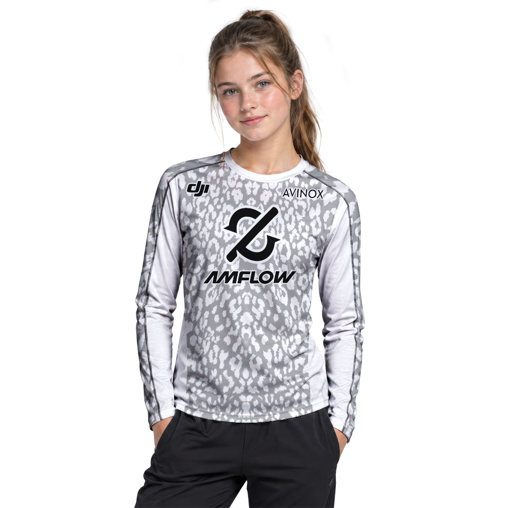 AMFLOW AVINOX White Gray Leopard Youth Long Sleeve Mountain Bike Jersey – Girl Lifestyle View
