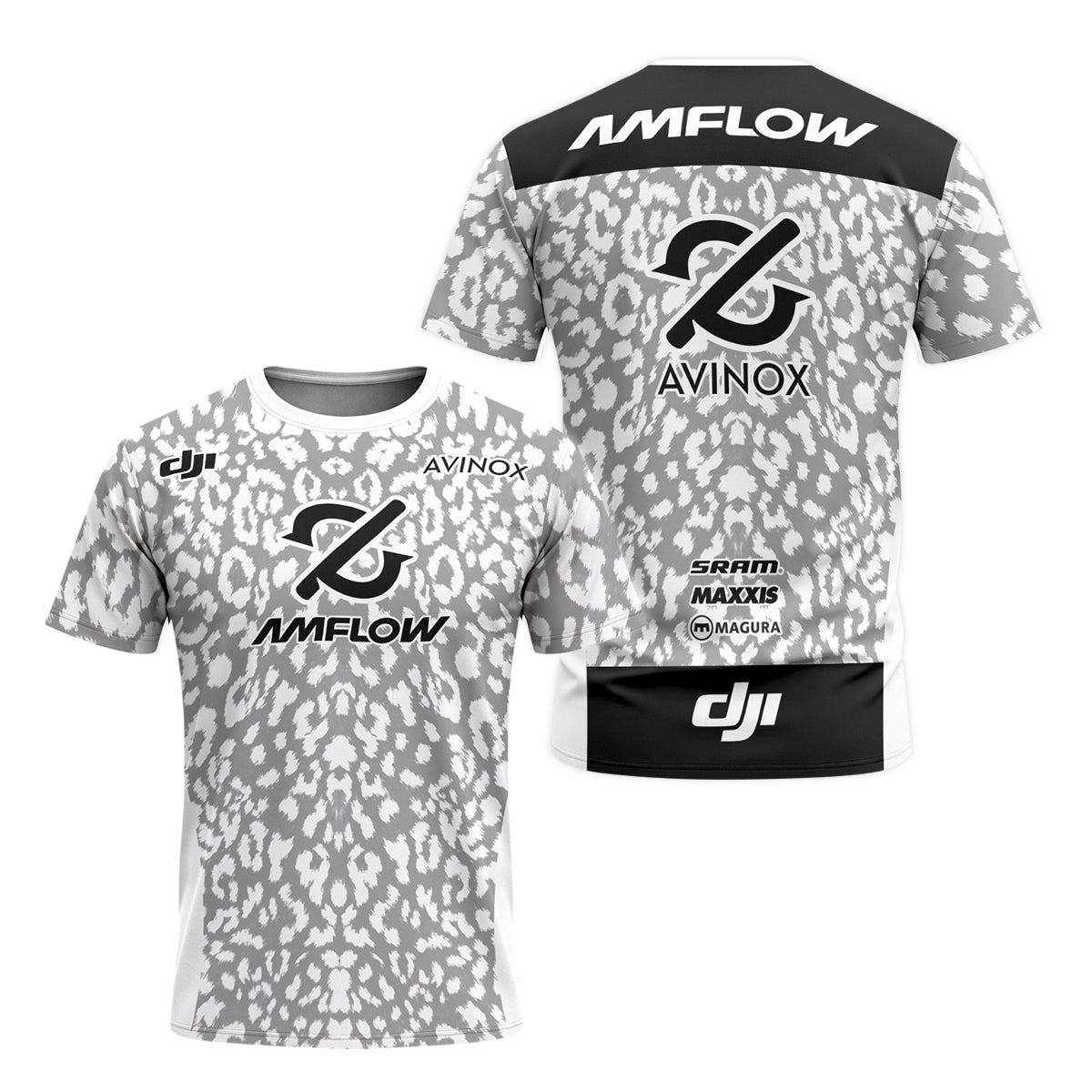 AMFLOW AVINOX White Gray Leopard Youth Short Sleeve Mountain Bike Jersey – Front and Back View