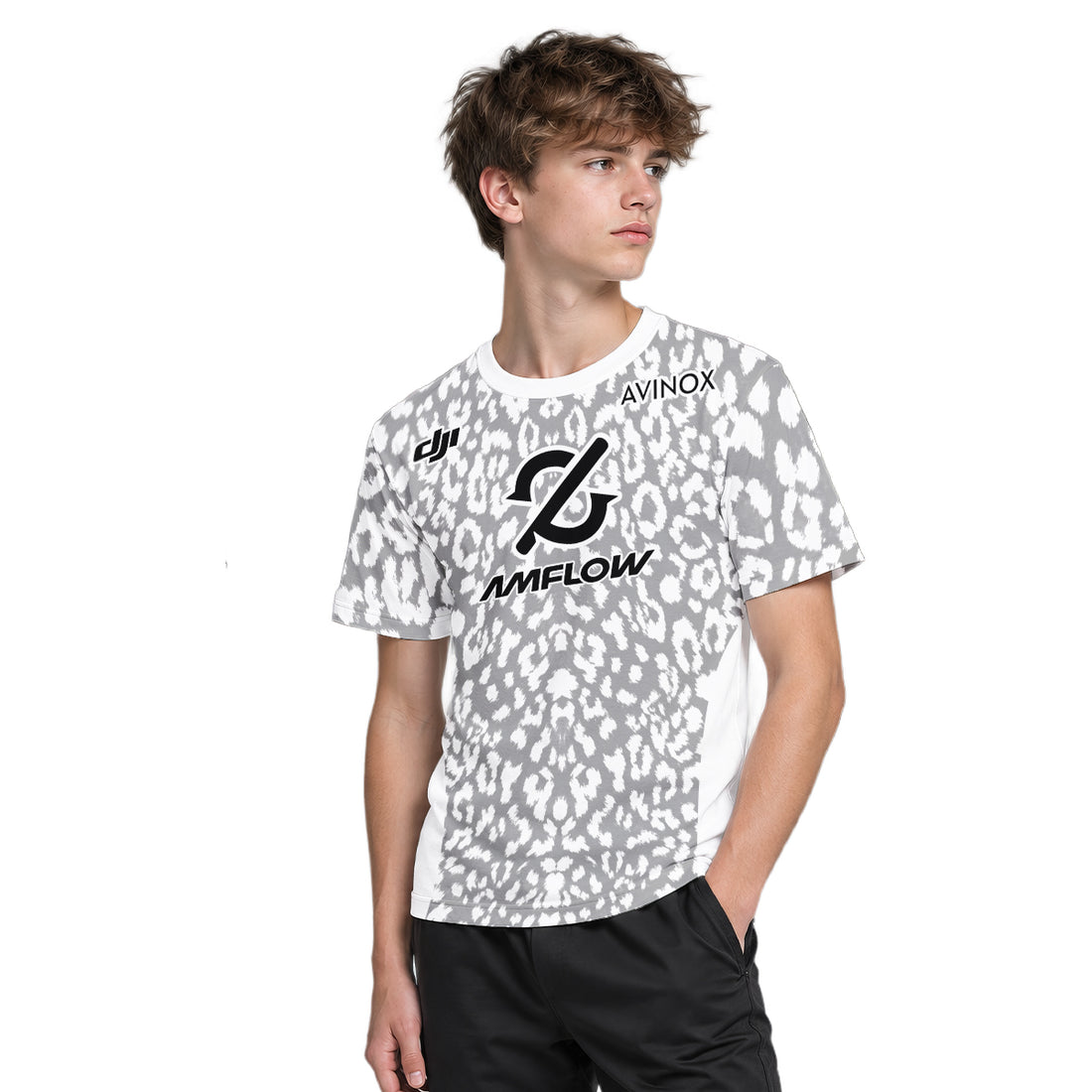 AMFLOW AVINOX White Gray Leopard Youth Short Sleeve Mountain Bike Jersey – Boy Lifestyle View