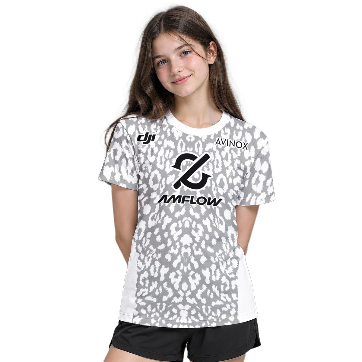 AMFLOW AVINOX White Gray Leopard Youth Short Sleeve Mountain Bike Jersey – Girl Lifestyle View