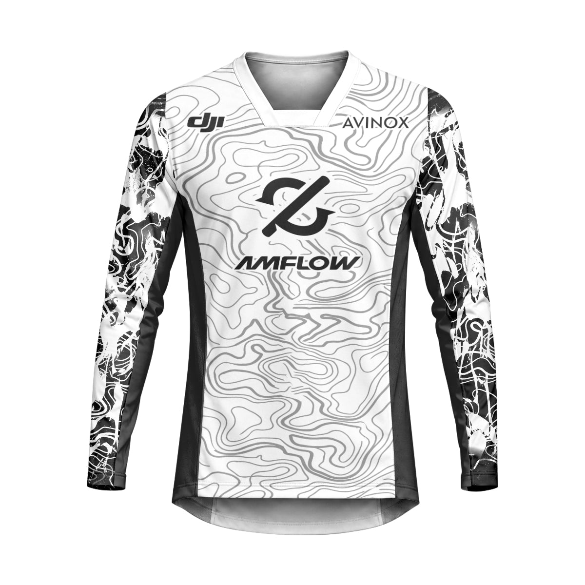 AMFLOW Black White Topographic Heavyweight Long Sleeve Mountain Bike Jersey – Front View Mockup
