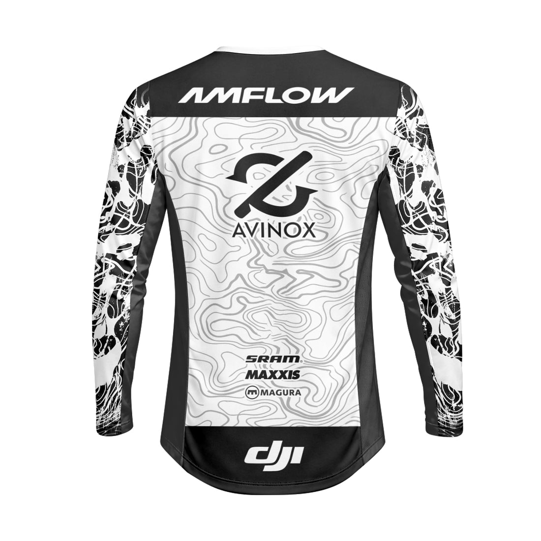 AMFLOW Black White Topographic Heavyweight Long Sleeve Mountain Bike Jersey – Front View Mockup
