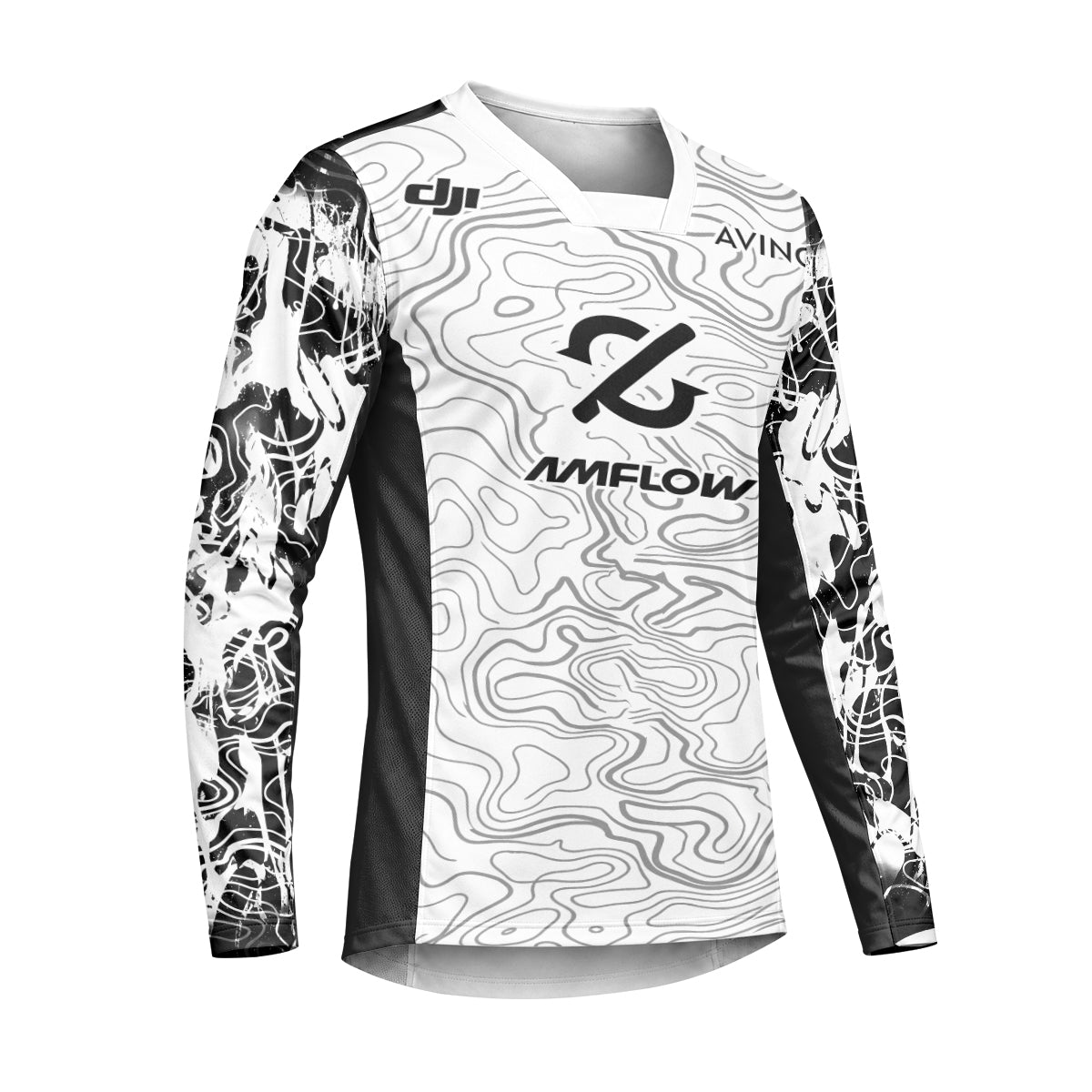 AMFLOW Black White Topographic Heavyweight Long Sleeve Mountain Bike Jersey – Right Side View Mockup