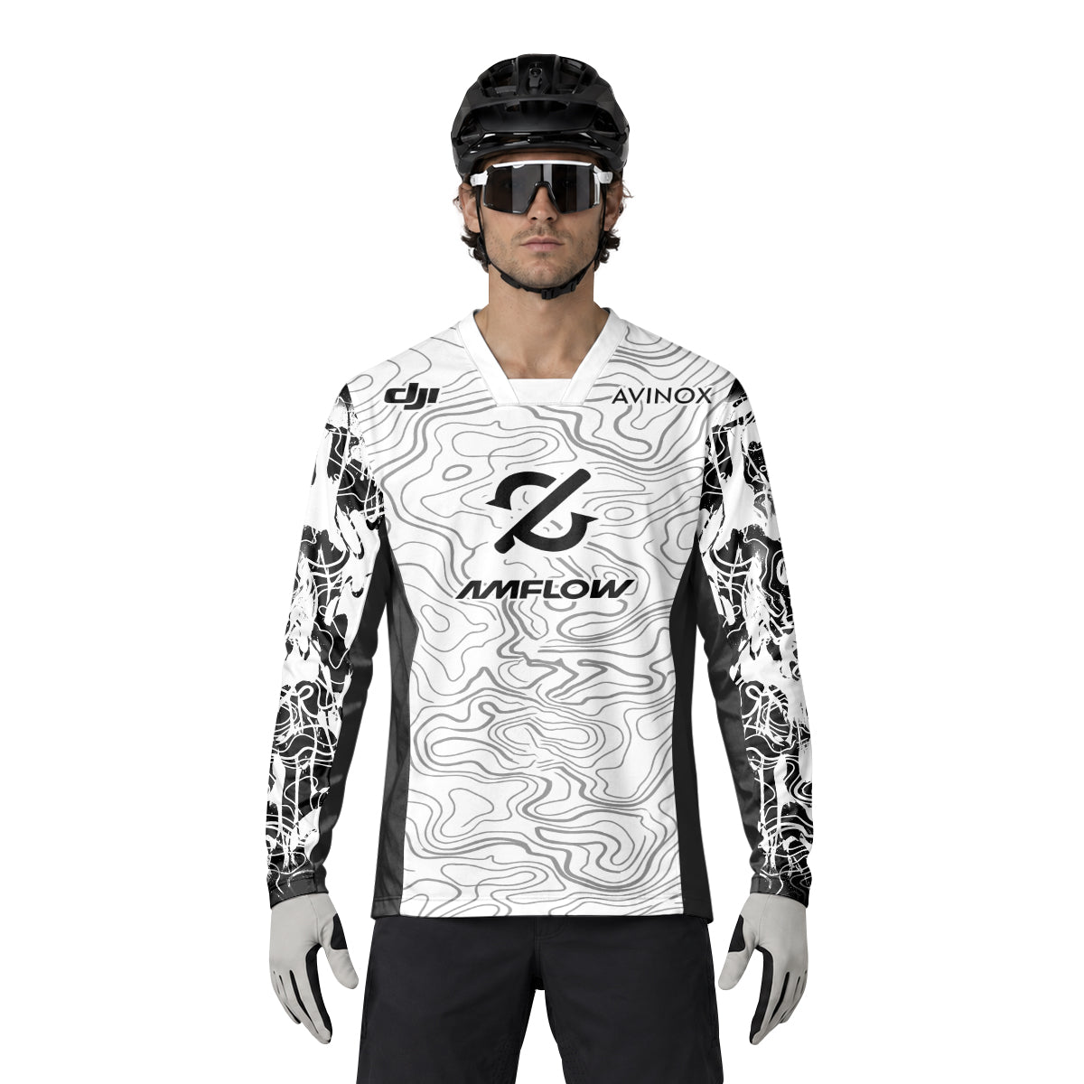 AMFLOW Black White Topographic Heavyweight Long Sleeve Mountain Bike Jersey – Lifestyle View