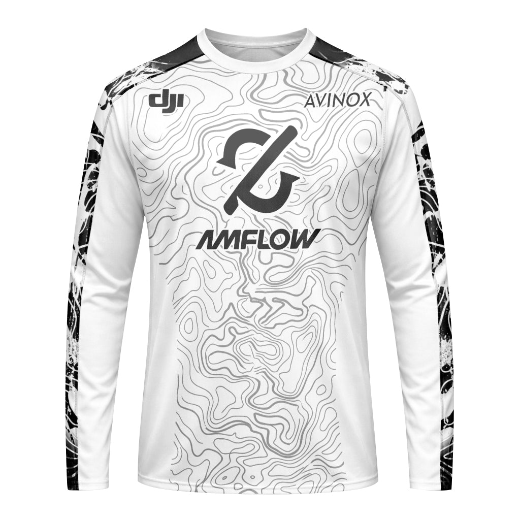 AMFLOW Black White Topographic Long Sleeve Mountain Bike Jersey – Front View Mockup