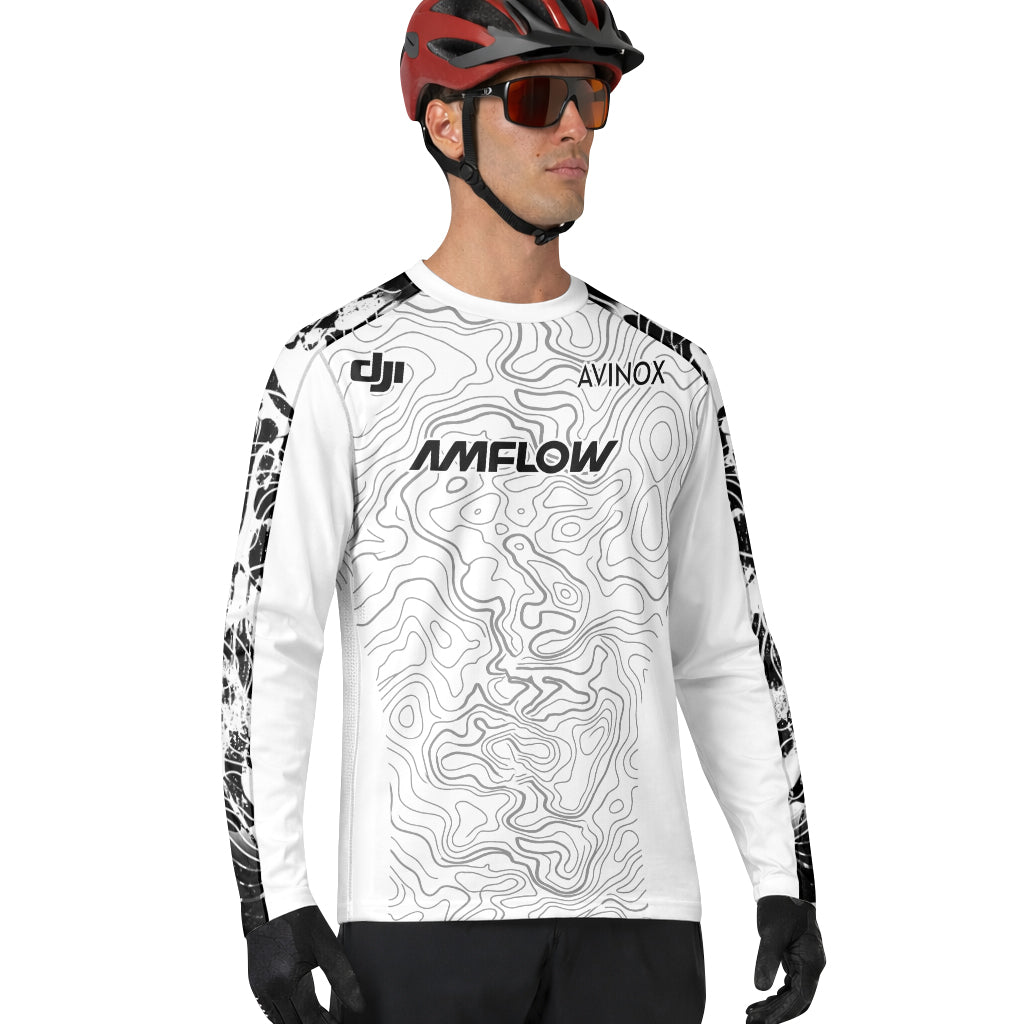 AMFLOW Black White Topographic Long Sleeve Mountain Bike Jersey - lifestyle view
