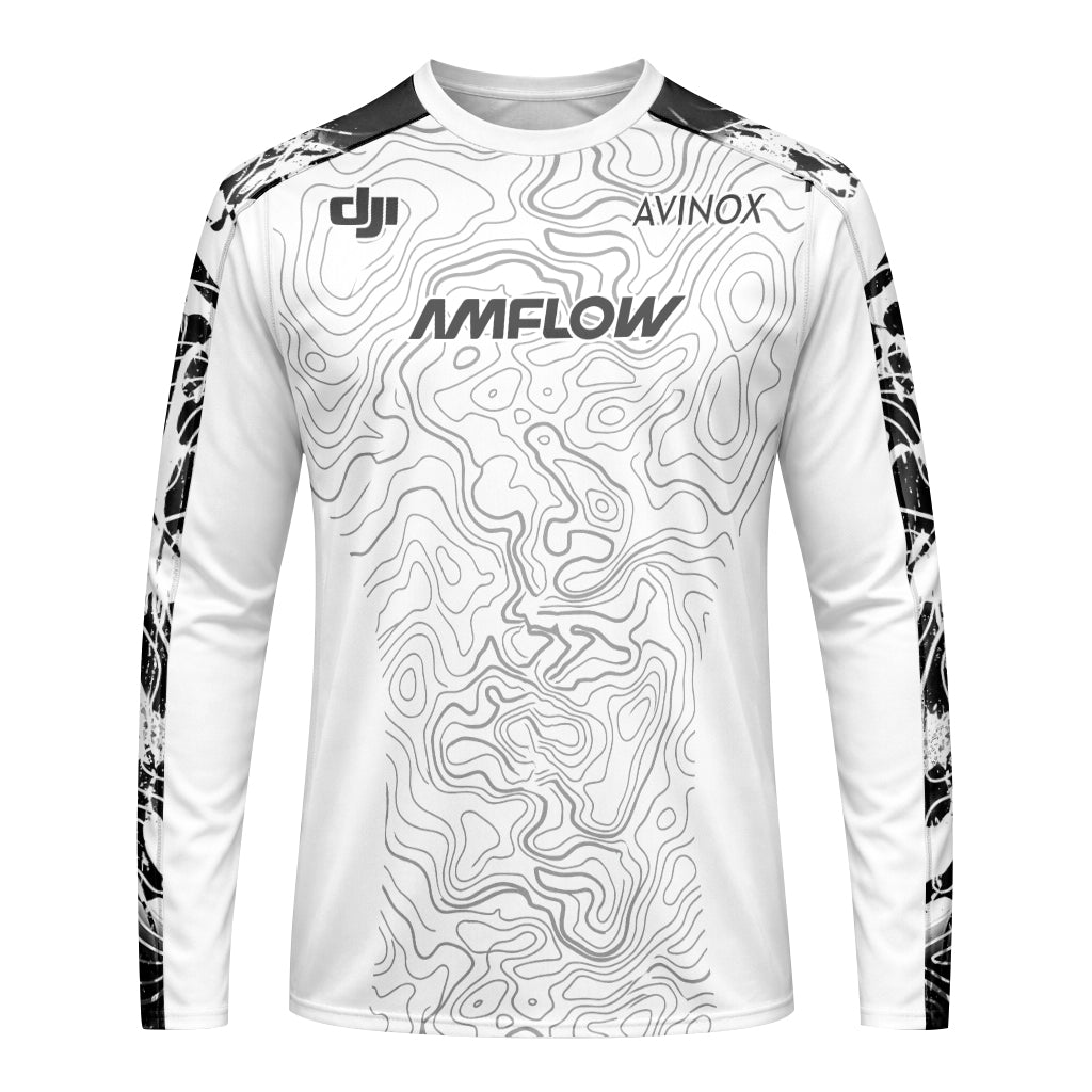 AMFLOW Black White Topographic Long Sleeve Mountain Bike Jersey - front view mockup