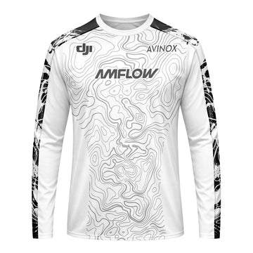 AMFLOW Black White Topographic Long Sleeve Mountain Bike Jersey - front view mockup