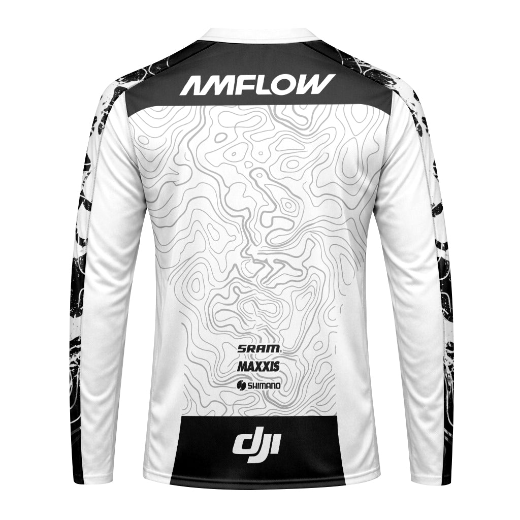 AMFLOW Black White Topographic Long Sleeve Mountain Bike Jersey - back view mockup