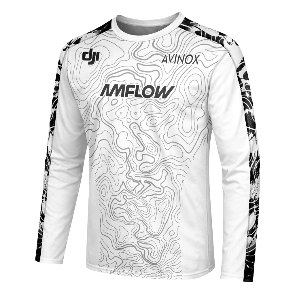AMFLOW Black White Topographic Long Sleeve Mountain Bike Jersey - left side mockup