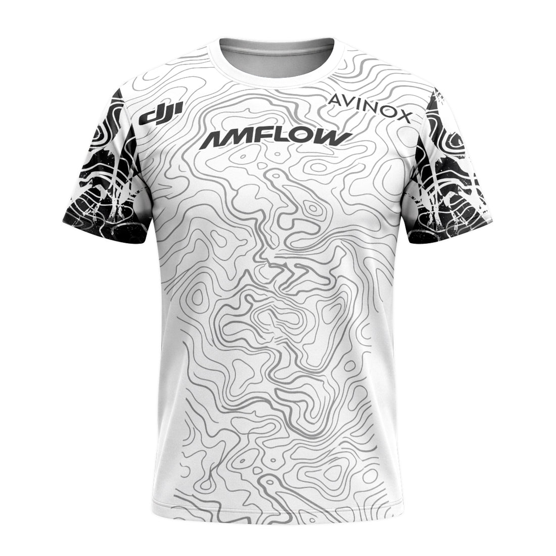 AMFLOW Black White Topographic Short Sleeve Mountain Bike Jersey - front and back view
