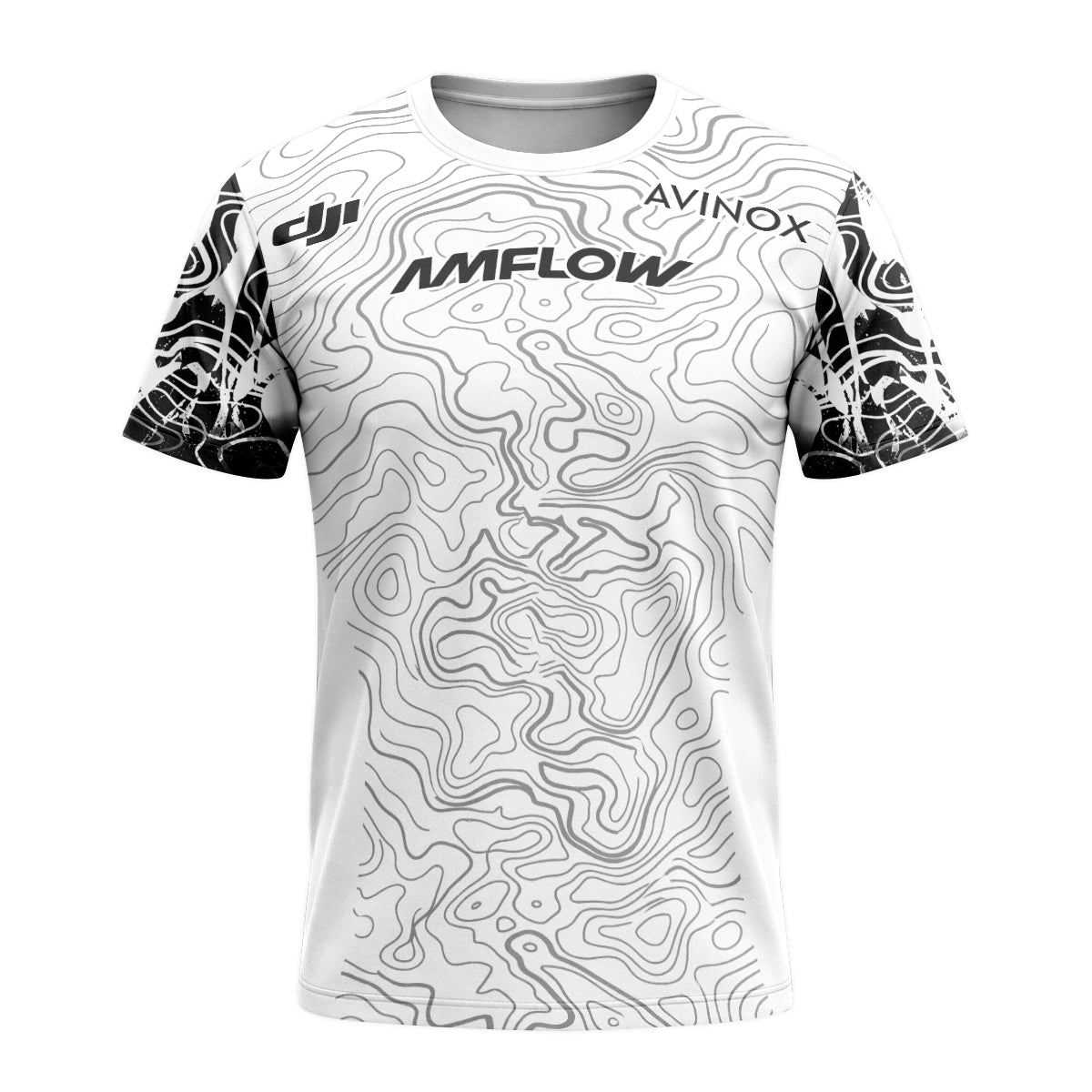AMFLOW Black White Topographic Short Sleeve Mountain Bike Jersey - front view mockup