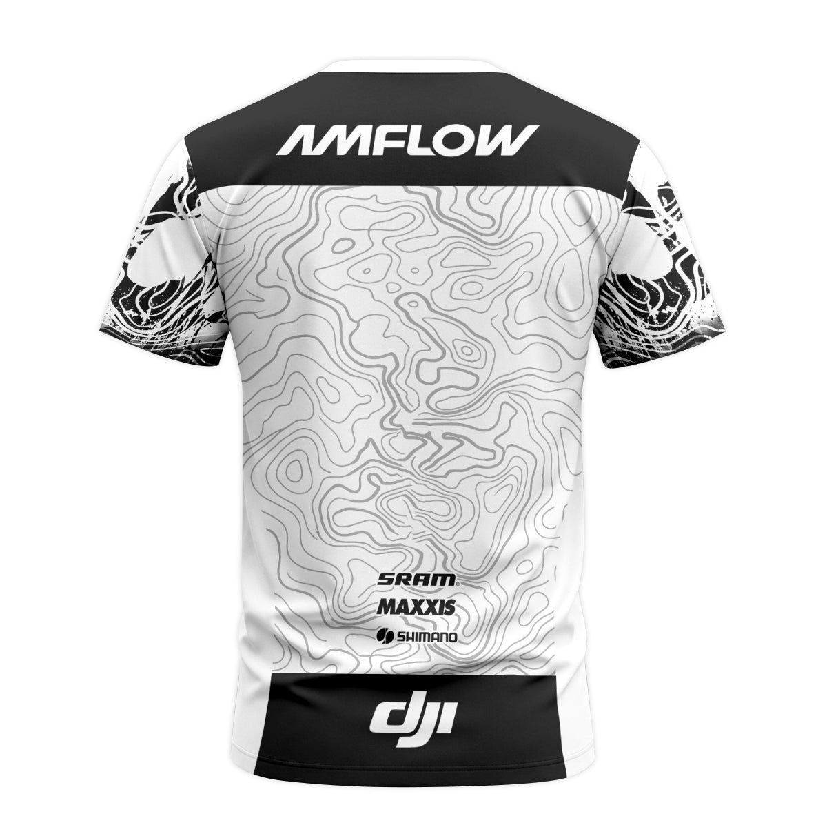 AMFLOW Black White Topographic Short Sleeve Mountain Bike Jersey - back view mockup