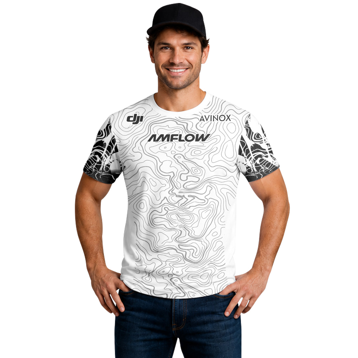 AMFLOW Black White Topographic Short Sleeve Mountain Bike Jersey - lifestyle view
