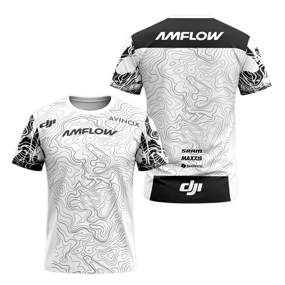 AMFLOW Black White Topographic Short Sleeve Mountain Bike Jersey - front and back view