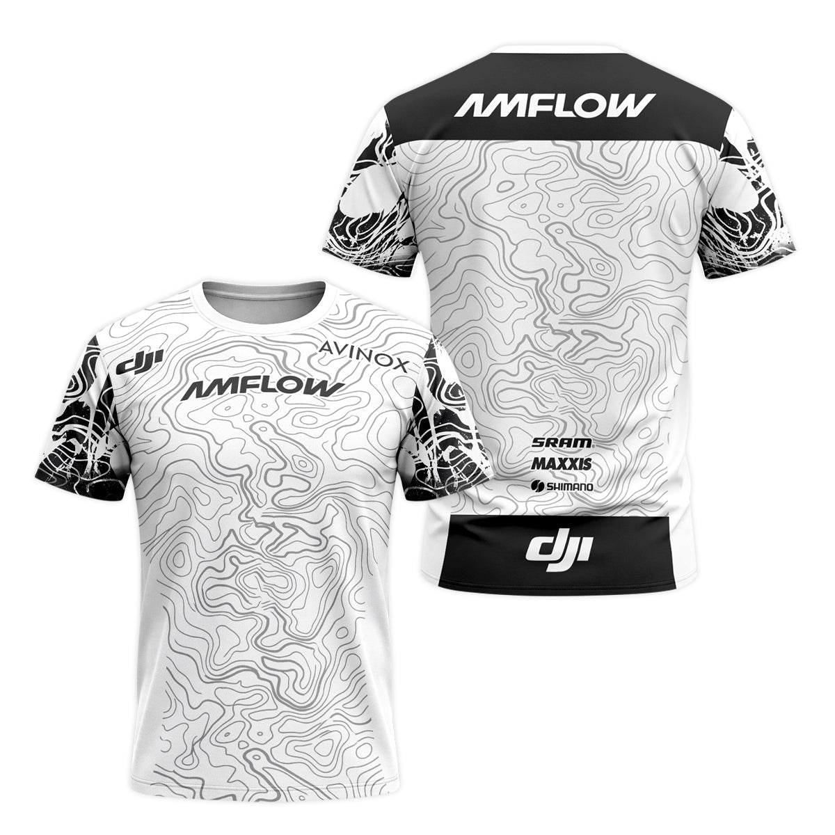 AMFLOW Black White Topographic Short Sleeve Mountain Bike Jersey - front and back view