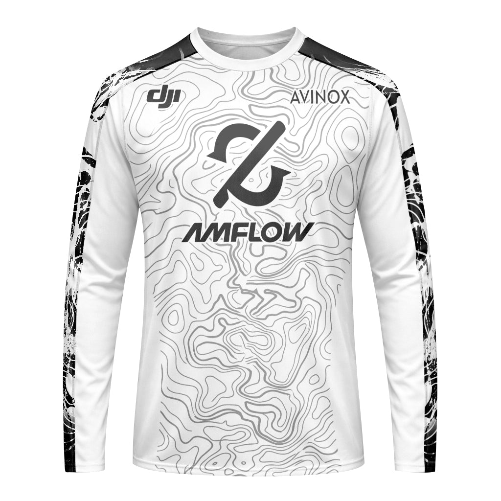 AMFLOW Black White Topographic Youth Long Sleeve Mountain Bike Jersey – Front View Mockup