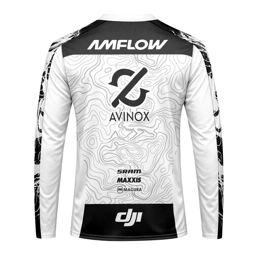 AMFLOW Black White Topographic Youth Long Sleeve Mountain Bike Jersey – Back View Mockup