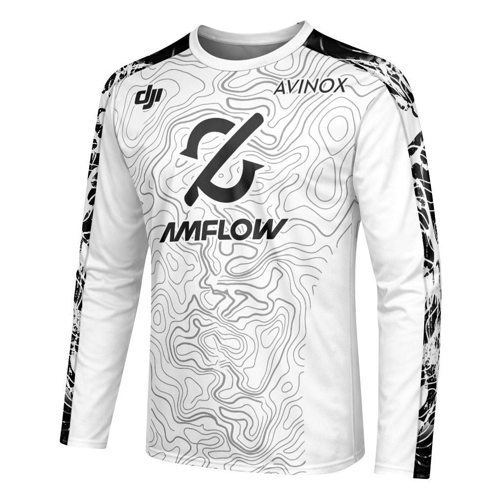 AMFLOW Black White Topographic Youth Long Sleeve Mountain Bike Jersey – Left Side View Mockup