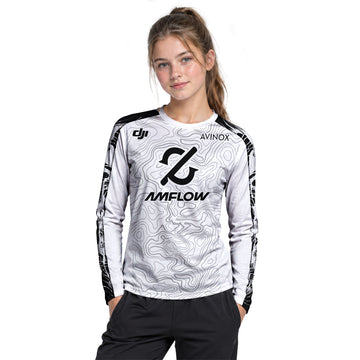 AMFLOW Black White Topographic Youth Long Sleeve Mountain Bike Jersey – Girl Lifestyle View