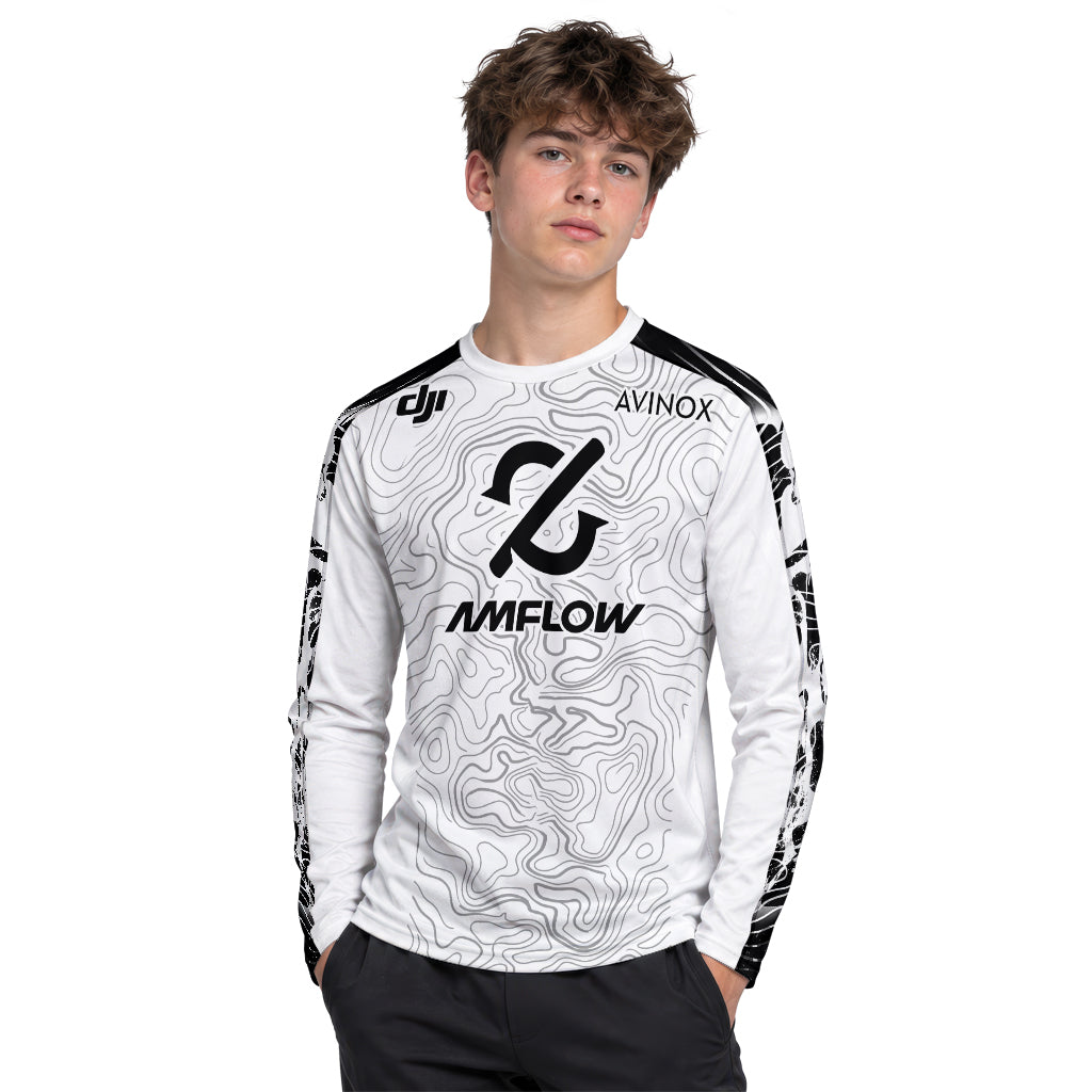 AMFLOW Black White Topographic Youth Long Sleeve Mountain Bike Jersey – Girl Lifestyle View