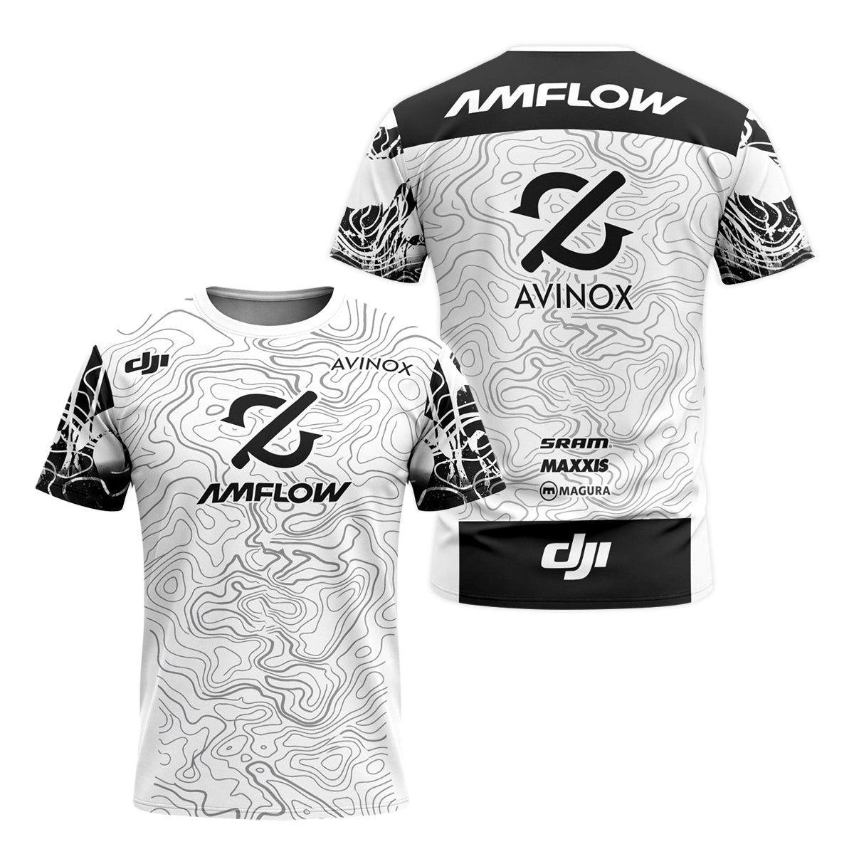 AMFLOW Black White Topographic Youth Short Sleeve Mountain Bike Jersey – Front and Back View
