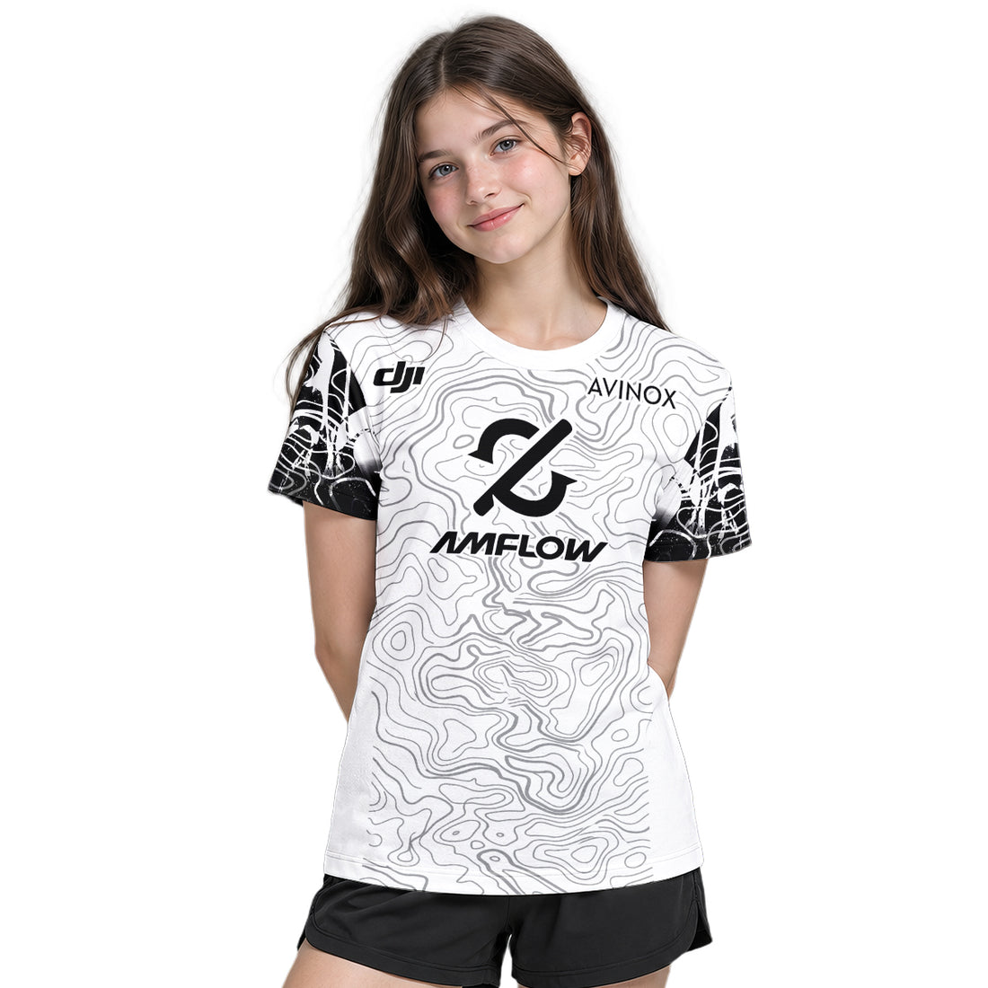 AMFLOW Black White Topographic Youth Short Sleeve Mountain Bike Jersey – Boy Lifestyle View