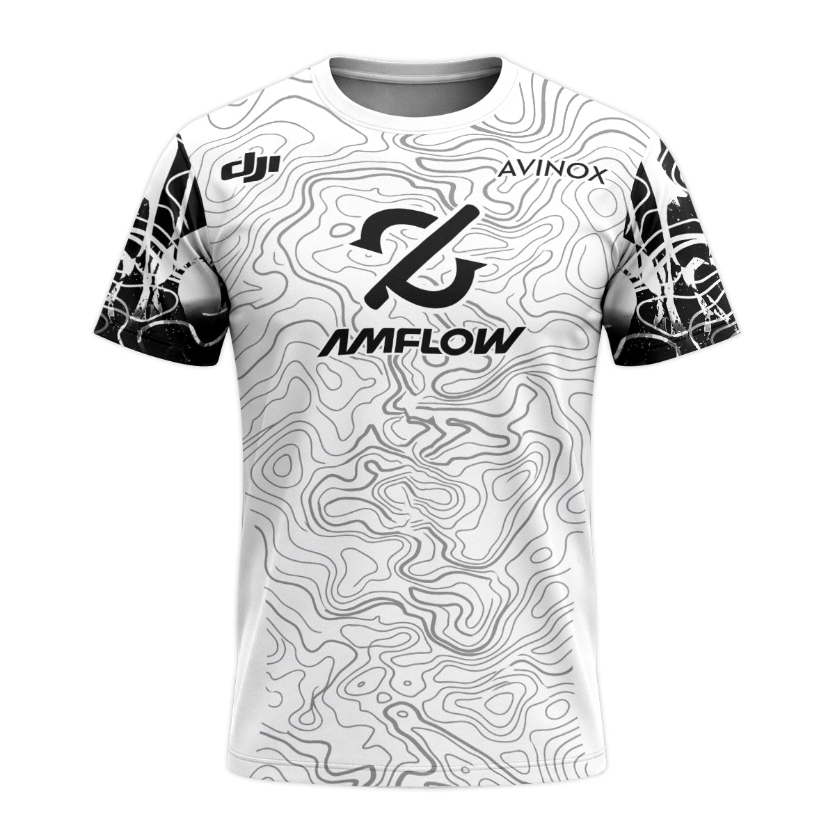 AMFLOW Black White Topographic Youth Short Sleeve Mountain Bike Jersey – Front View Mockup
