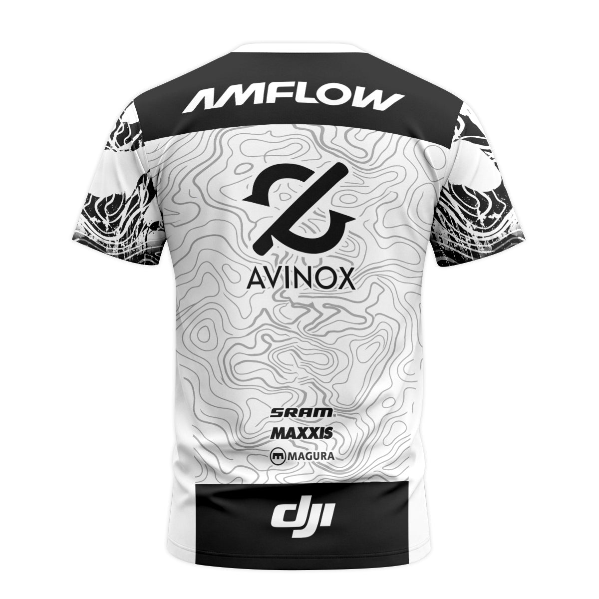 AMFLOW Black White Topographic Youth Short Sleeve Mountain Bike Jersey – Back View Mockup