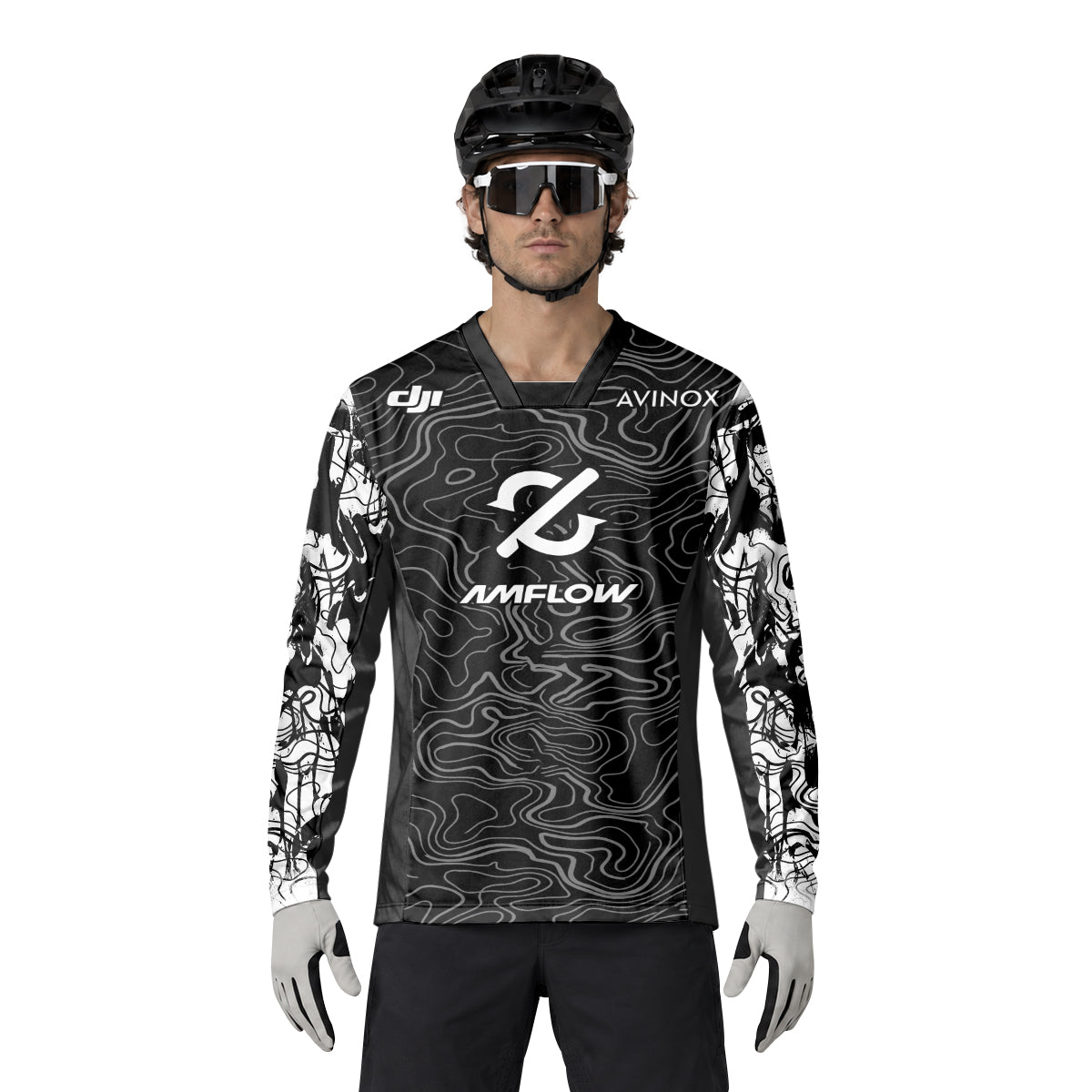 AMFLOW DJI Avinox Black White Topographic Heavyweight Long Sleeve Mountain Bike Jersey – Lifestyle View