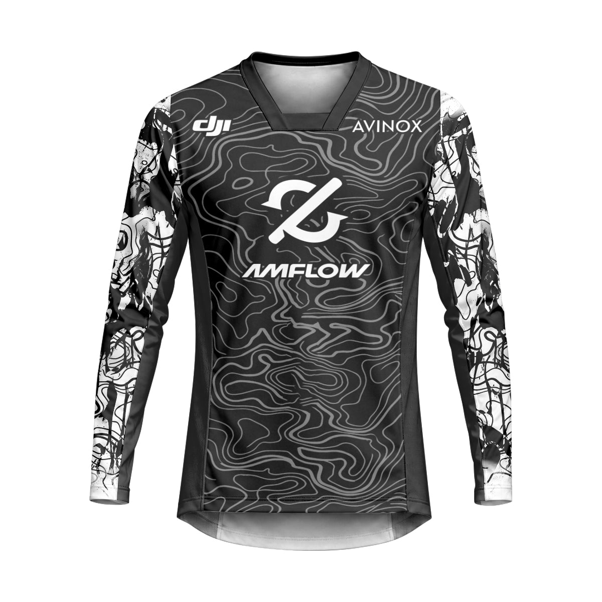AMFLOW DJI Avinox Black White Topographic Heavyweight Long Sleeve Mountain Bike Jersey – Front View Mockup