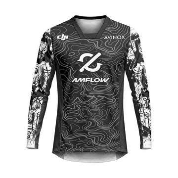 AMFLOW DJI Avinox Black White Topographic Heavyweight Long Sleeve Mountain Bike Jersey – Front View Mockup