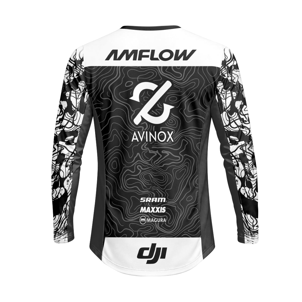 AMFLOW DJI Avinox Black White Topographic Heavyweight Long Sleeve Mountain Bike Jersey – Back View Mockup