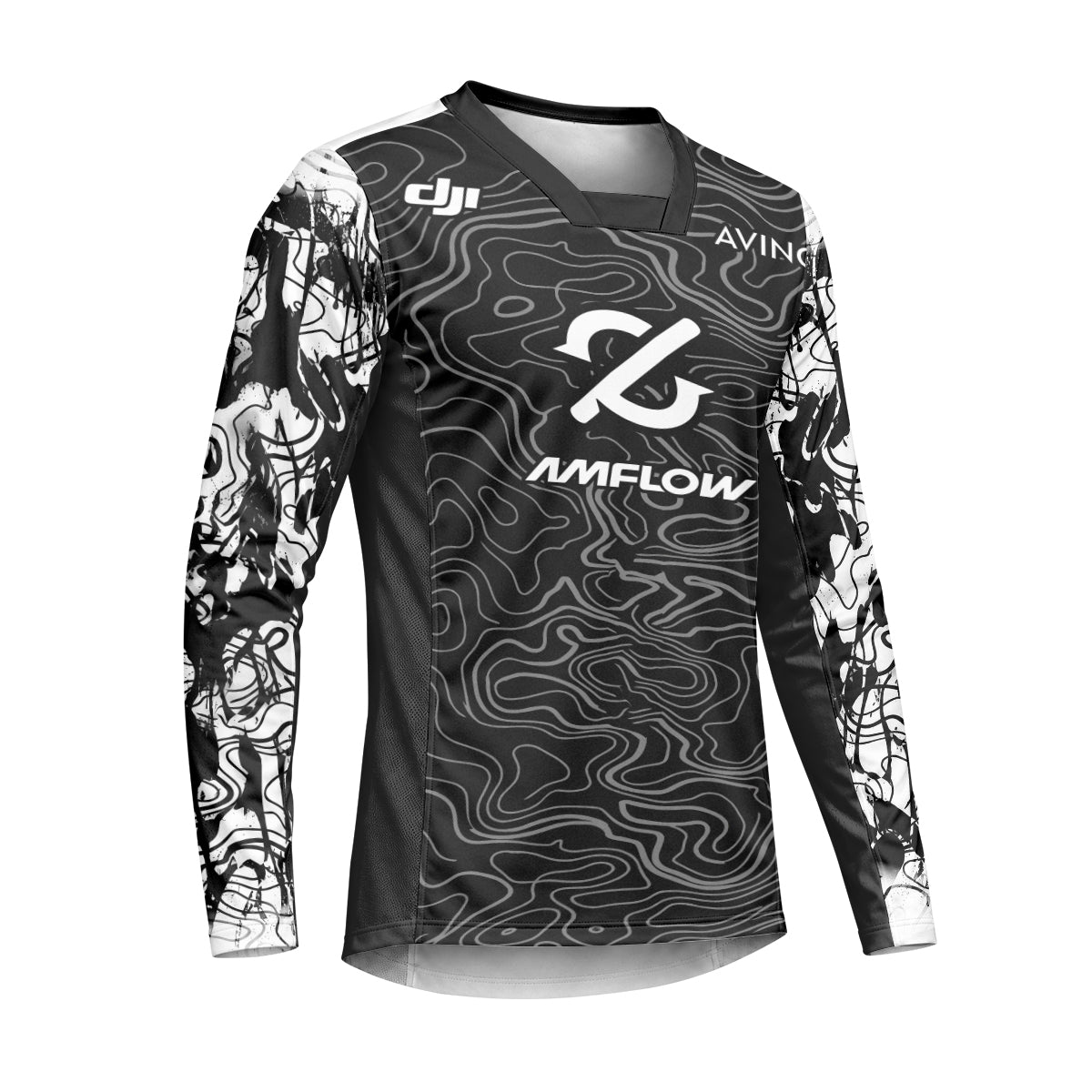 AMFLOW DJI Avinox Black White Topographic Heavyweight Long Sleeve Mountain Bike Jersey – Right Side View Mockup