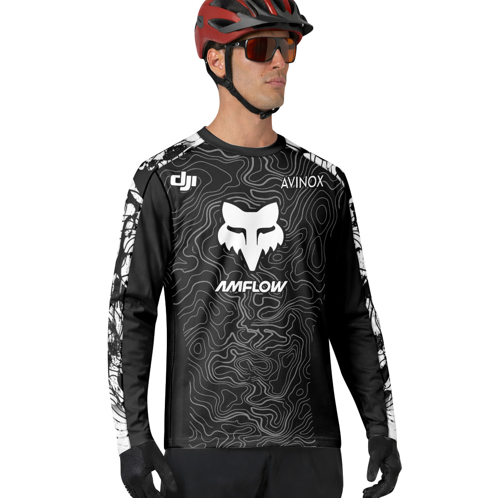 AMFLOW DJI Avinox Black White Topographic Long Sleeve Mountain Bike Jersey - lifestyle view