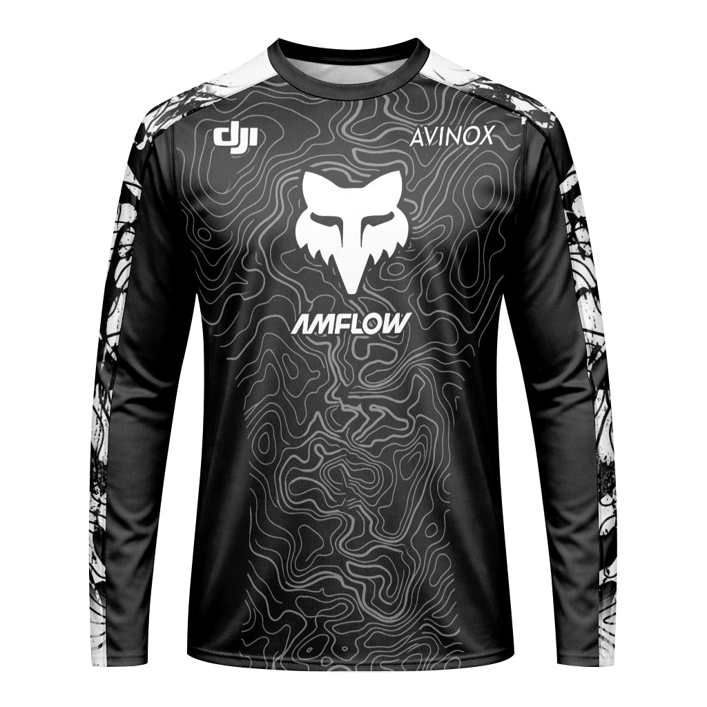 AMFLOW DJI Avinox Black White Topographic Long Sleeve Mountain Bike Jersey - front view mockup