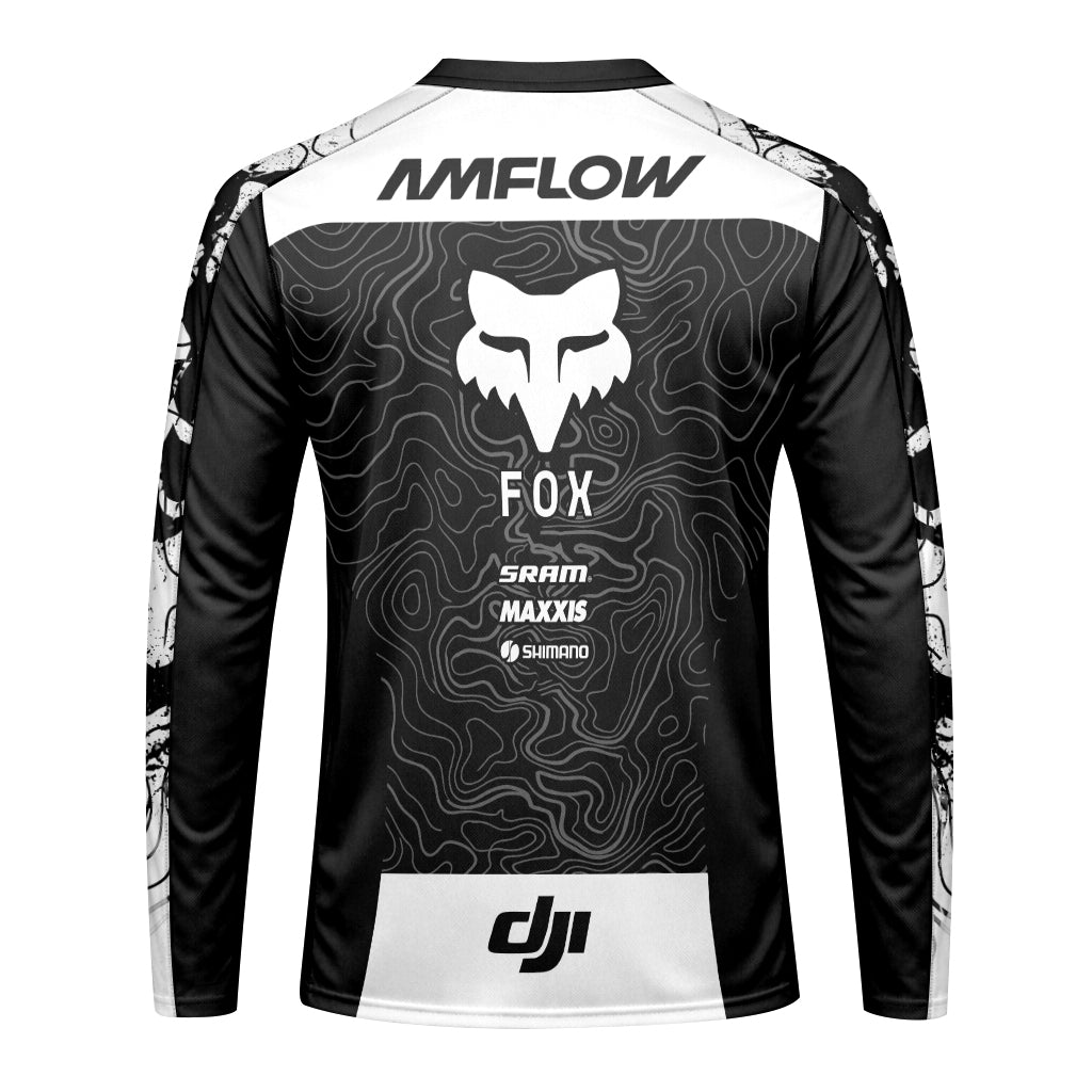 AMFLOW DJI Avinox Black White Topographic Long Sleeve Mountain Bike Jersey - back view mockup