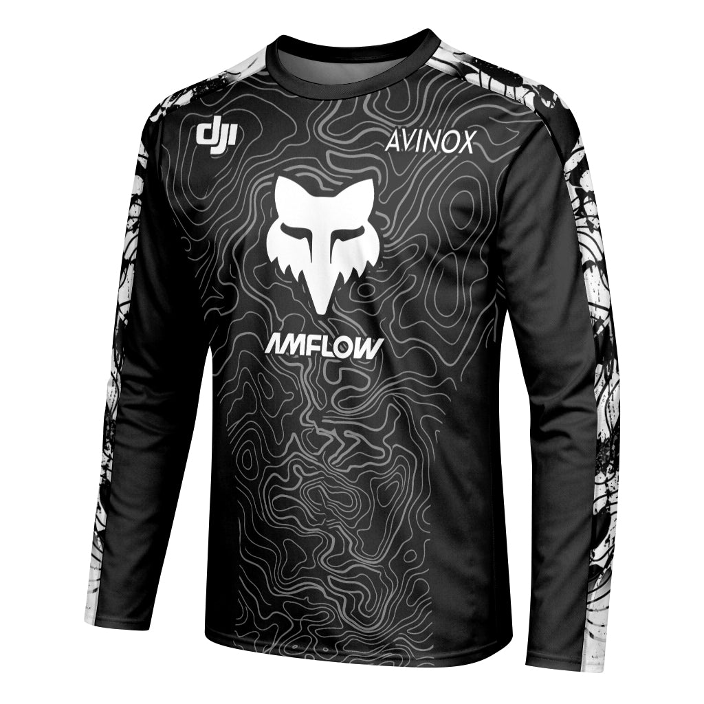 AMFLOW DJI Avinox Black White Topographic Long Sleeve Mountain Bike Jersey - left side mockup