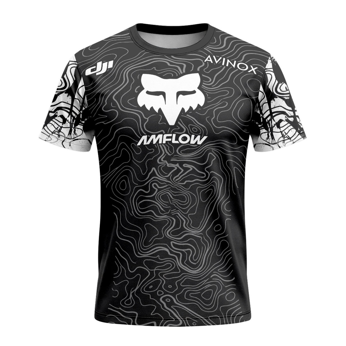 AMFLOW DJI Avinox Black White Topographic Short Sleeve Mountain Bike Jersey - front and back view