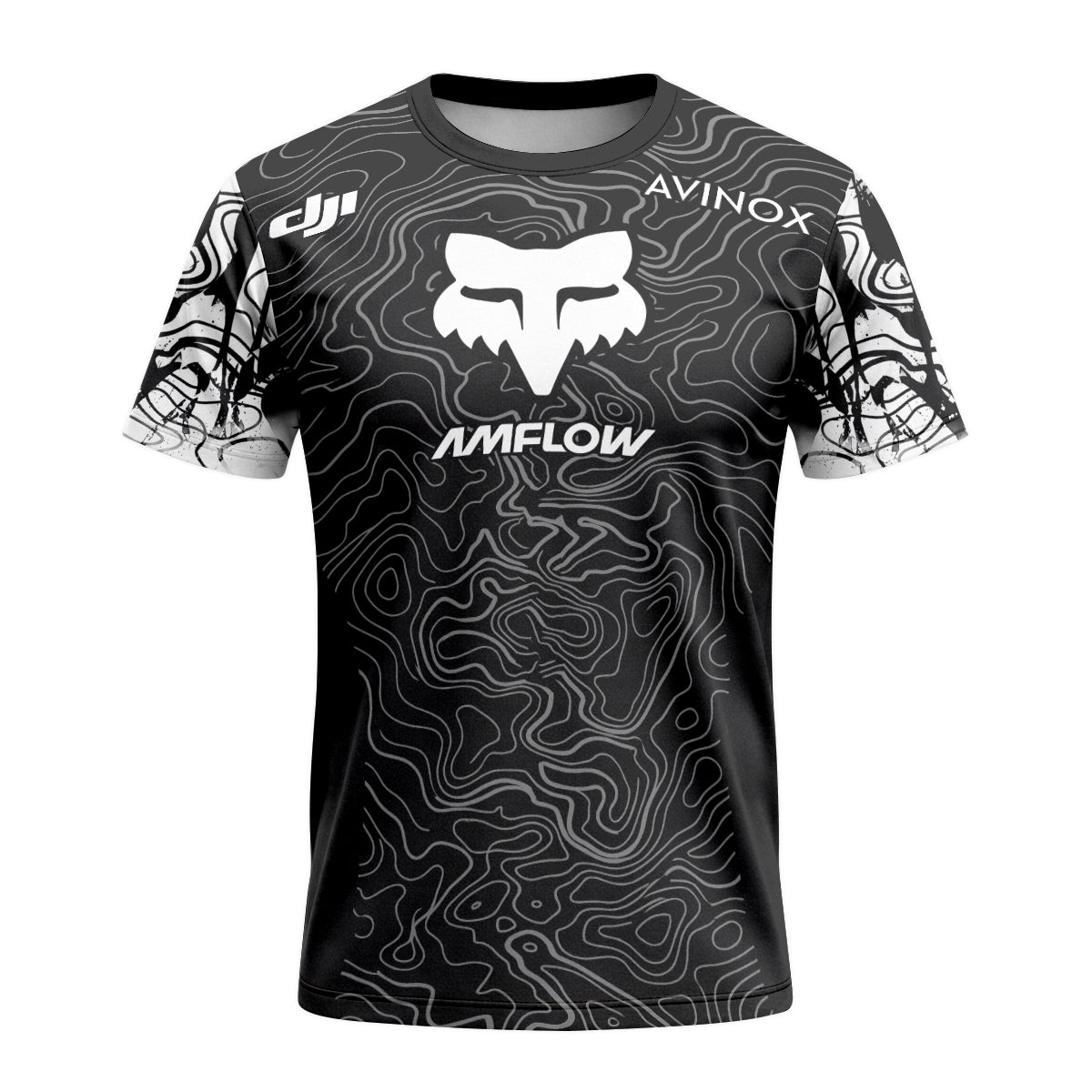 AMFLOW DJI Avinox Black White Topographic Short Sleeve Mountain Bike Jersey - front view mockup