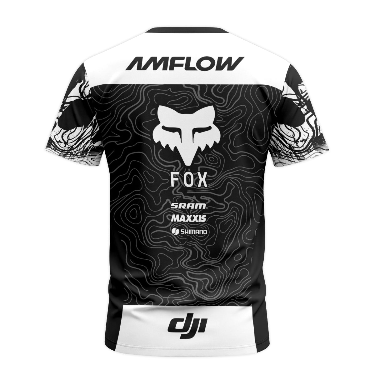 AMFLOW DJI Avinox Black White Topographic Short Sleeve Mountain Bike Jersey - back view mockup