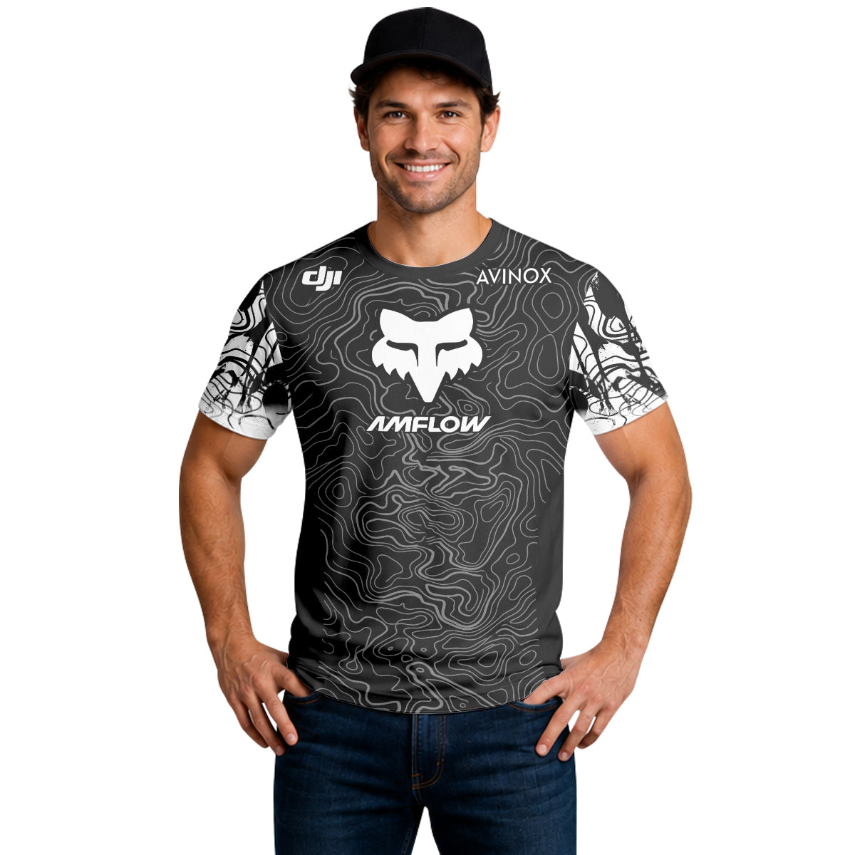 AMFLOW DJI Avinox Black White Topographic Short Sleeve Mountain Bike Jersey - lifestyle view