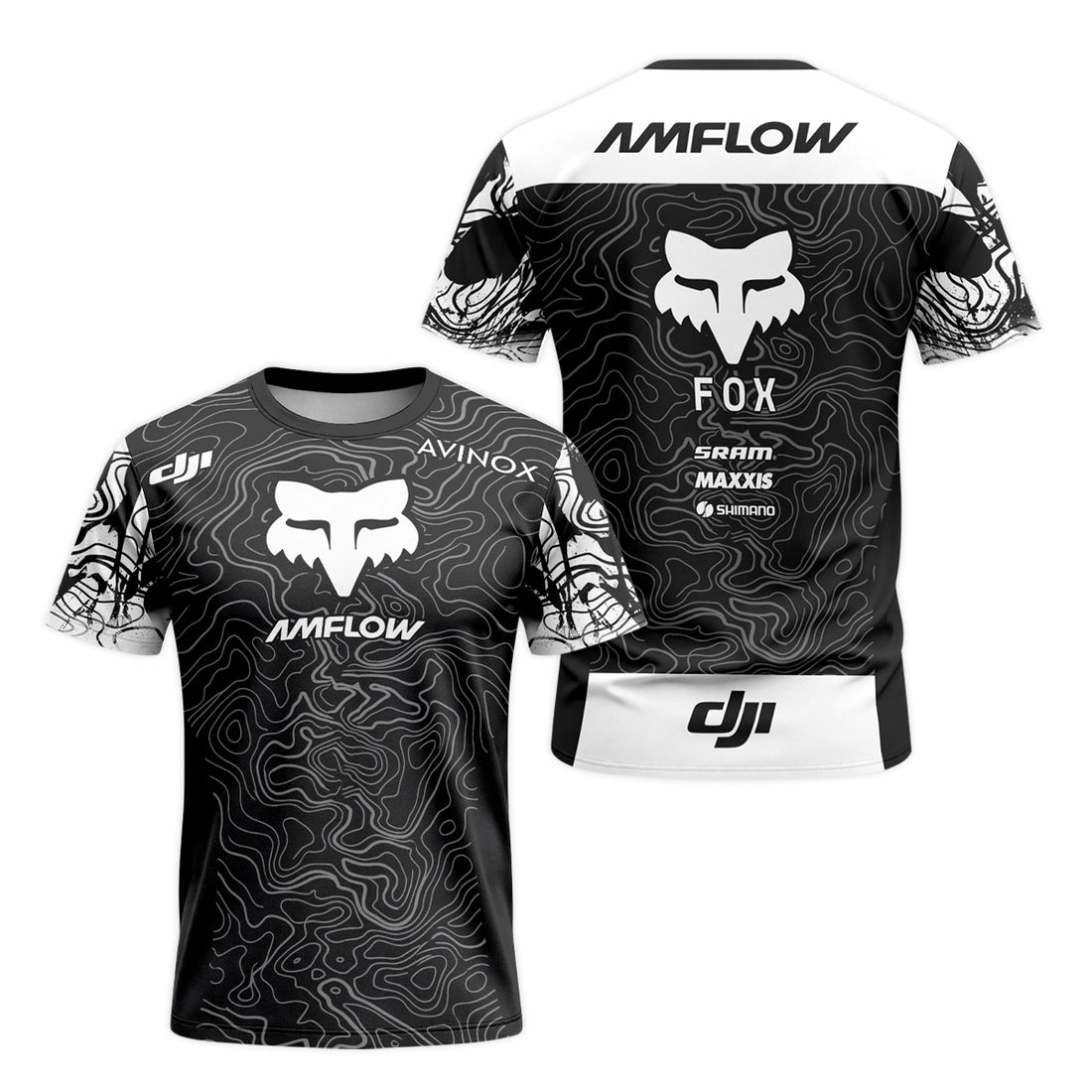 AMFLOW DJI Avinox Black White Topographic Short Sleeve Mountain Bike Jersey - front and back view