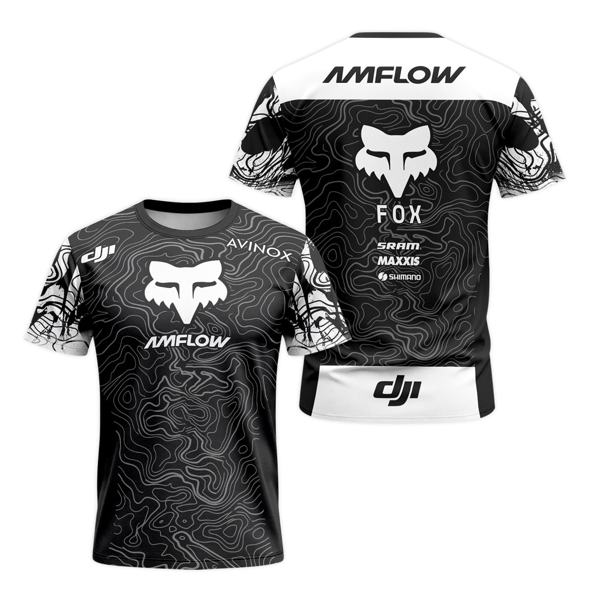 AMFLOW DJI Avinox Black White Topographic Short Sleeve Mountain Bike Jersey - front and back view