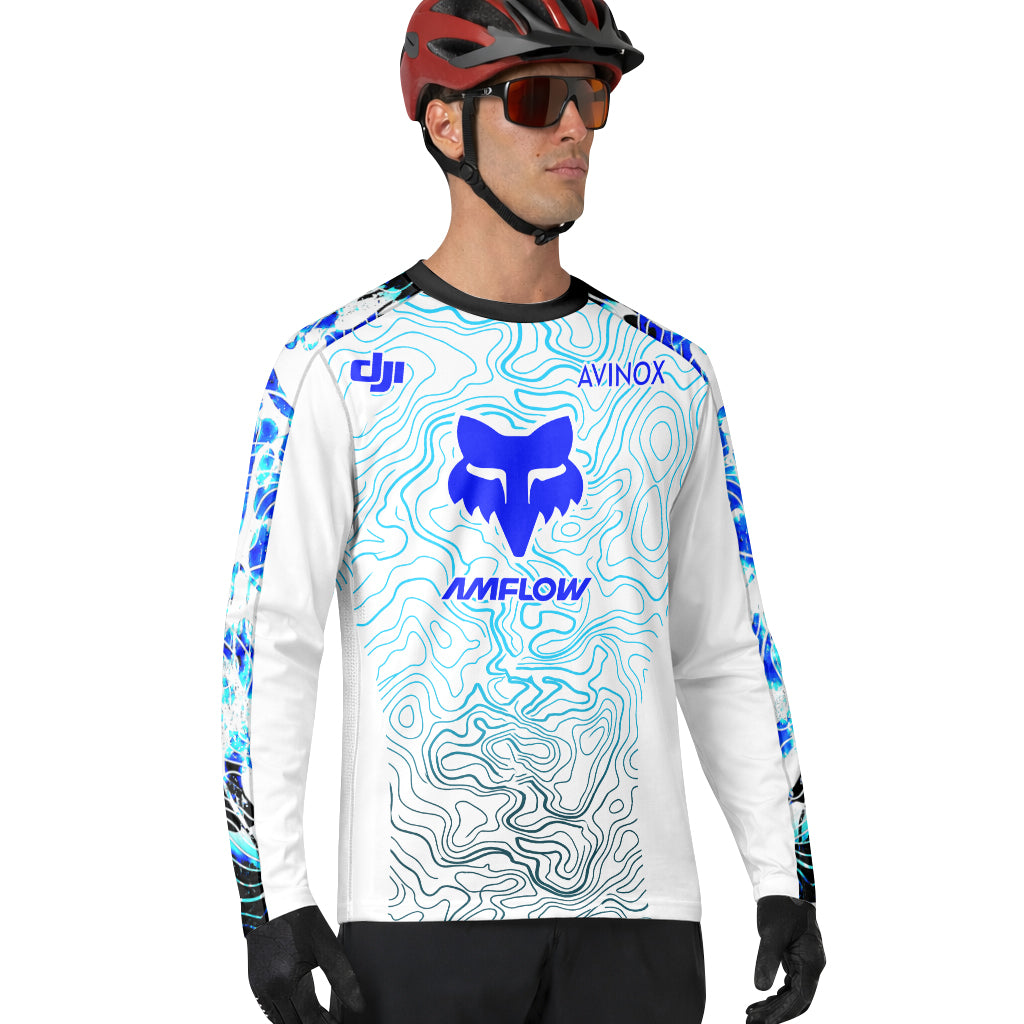 AMFLOW DJI Avinox White Blue Topographic Long Sleeve Mountain Bike Jersey - lifestyle view